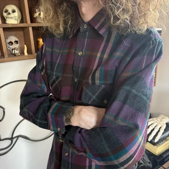 Vintage 80s Plaid Long Sleeve Button Down Flannel - Size Large - Picture 5 of 8
